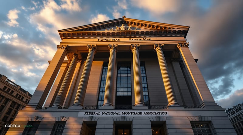 A dramatic photorealistic editorial photograph showing the imposing neoclassical facade of Fannie Mae's headquarters building