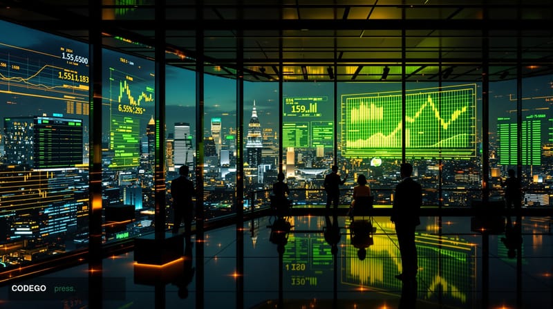 A cinematic editorial photograph capturing the intersection of geopolitics and financial markets, shot from a high-angle pers