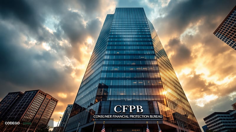 A dramatic editorial photograph of the imposing CFPB headquarters building in Washington DC, shot from a low angle with the a