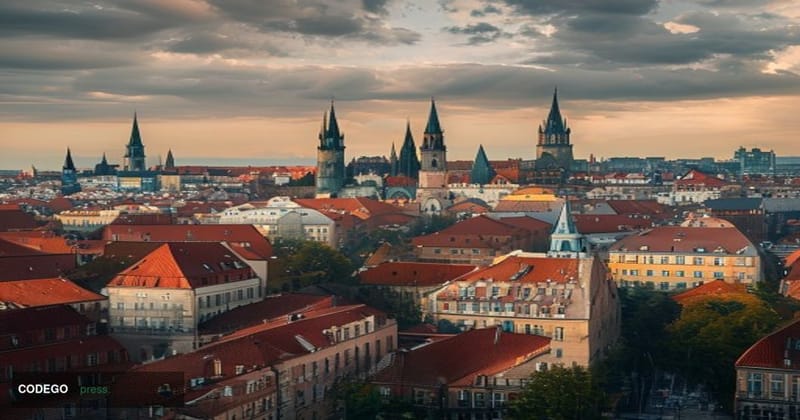 A cinematic editorial photograph showcasing Tallinn, Estonia's medieval Old Town skyline with its distinctive red-tiled roofs