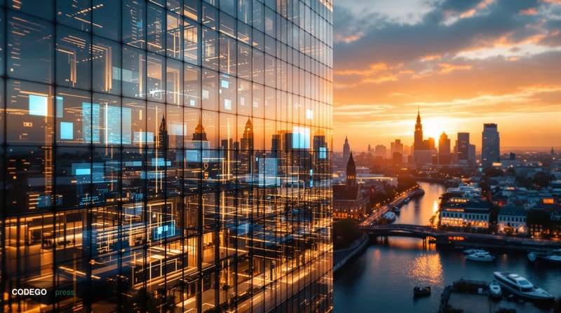 A dramatic wide-angle photograph of San Francisco's financial district at golden hour, with Framework Ventures' modern office
