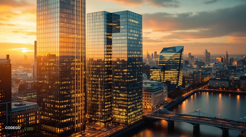 A cinematic establishing shot of London's financial district at golden hour, featuring the iconic glass towers of Canary Whar