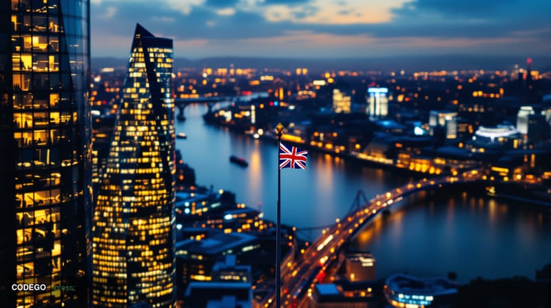 A cinematic editorial photograph capturing the symbolic bridge between UK and EU financial centers, shot from an elevated ang