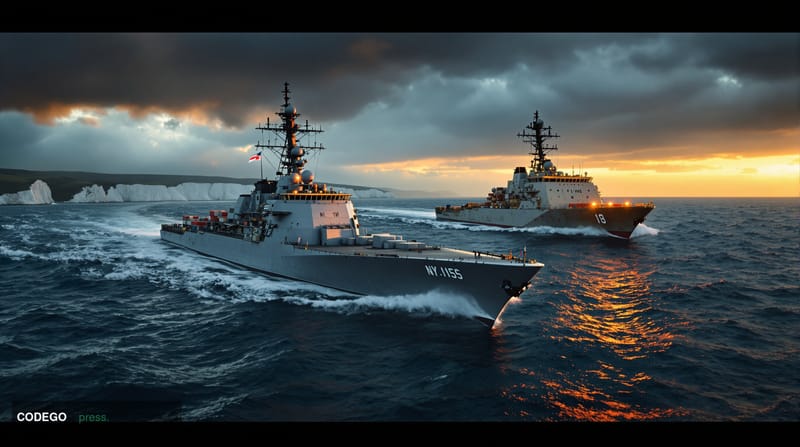A dramatic photorealistic editorial photograph showing British Royal Navy vessels intercepting a darkened cargo ship in the c
