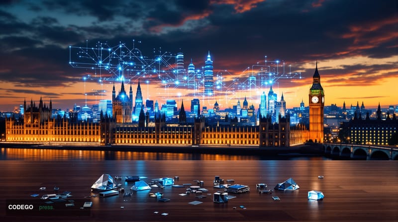 A dramatic wide-angle photograph capturing the iconic London skyline with the Houses of Parliament and Big Ben in the foregro