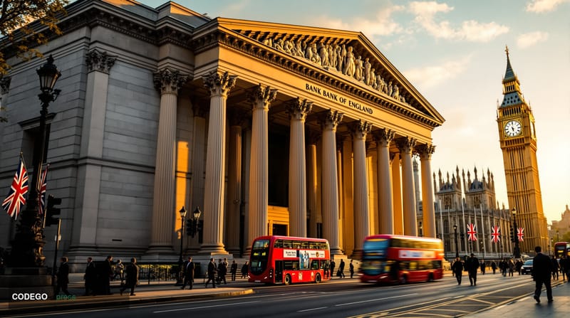 A cinematic editorial photograph capturing the iconic Bank of England building in London's financial district, shot during go