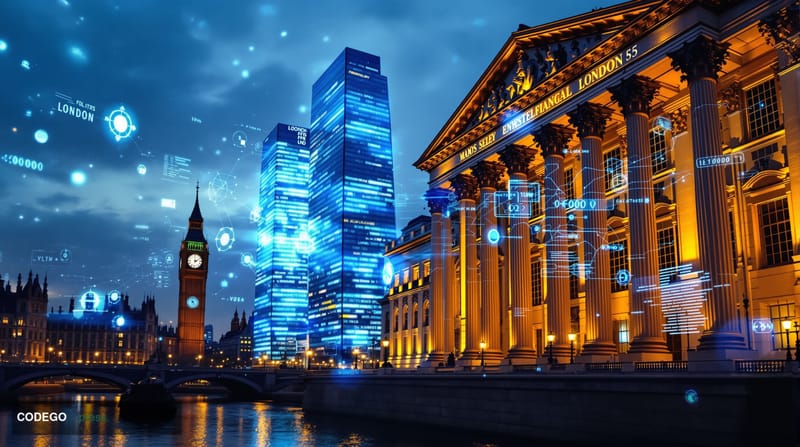 A dramatic wide-angle view of London's financial district at dusk, with the Bank of England's neoclassical facade prominently