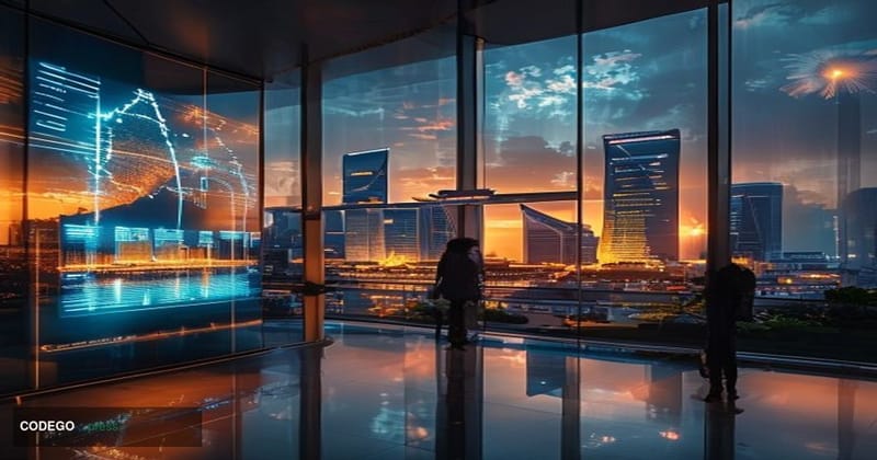 A cinematic editorial photograph showcasing the intersection of Southeast Asian banking and technology innovation. The scene 