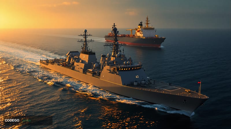 A dramatic cinematic editorial photograph capturing a US naval vessel in the vast Indian Ocean conducting an enforcement oper