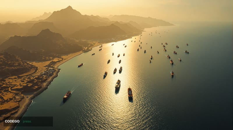 A dramatic aerial view of the Strait of Hormuz at golden hour, showing the narrow waterway between Iran and Oman with tanker 