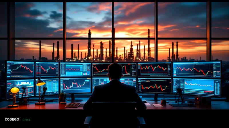 A dramatic photorealistic editorial photograph showing the geopolitical tension's impact on global financial markets. The sce