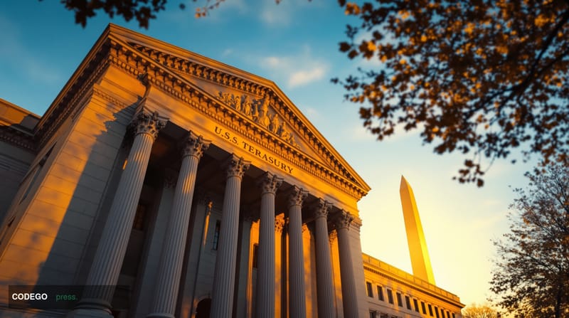 A cinematic editorial photograph of the U.S. Treasury Building in Washington D.C. during golden hour, with its iconic neoclas