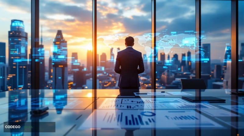 Photorealistic editorial photograph showing a modern fintech office environment with floor-to-ceiling windows overlooking a b