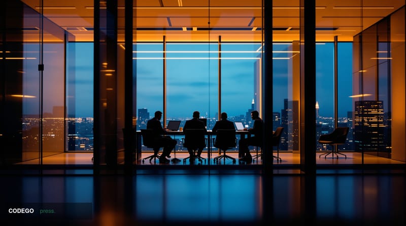 A dramatic editorial photograph capturing the tension of Silicon Valley venture capital culture. The scene shows a modern gla