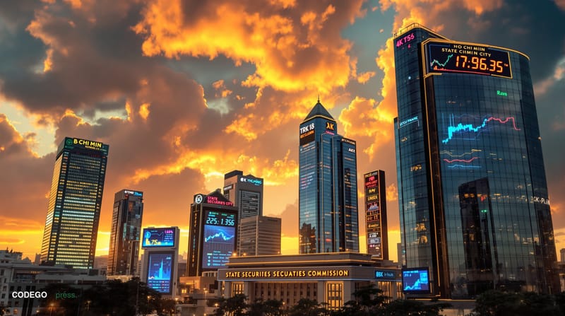 Cinematic editorial photograph of Ho Chi Minh City's modern financial district skyline at golden hour, showcasing Vietnam's g
