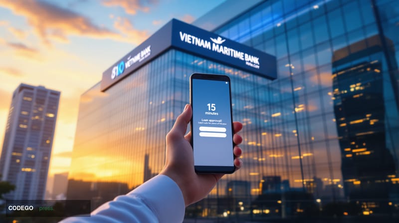 A photorealistic editorial photograph showcasing Vietnam Maritime Bank's digital transformation in Ho Chi Minh City. The scen