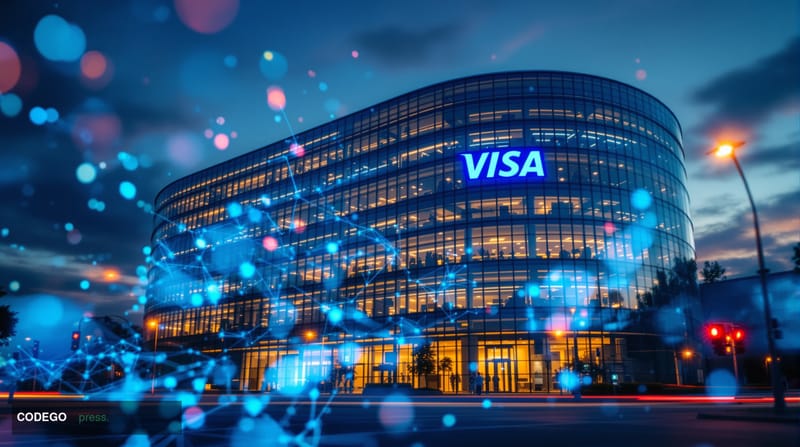 A cinematic editorial photograph showcasing the convergence of AI and payments technology, featuring the recognizable Visa he
