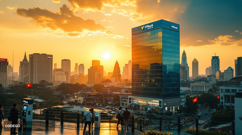 A cinematic editorial photograph capturing the bustling financial district of Ho Chi Minh City, Vietnam, with the distinctive