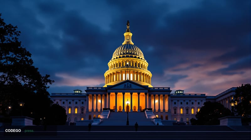 A dramatic cinematic shot of the US Capitol building at dusk, photographed from the Senate side with warm amber light streami