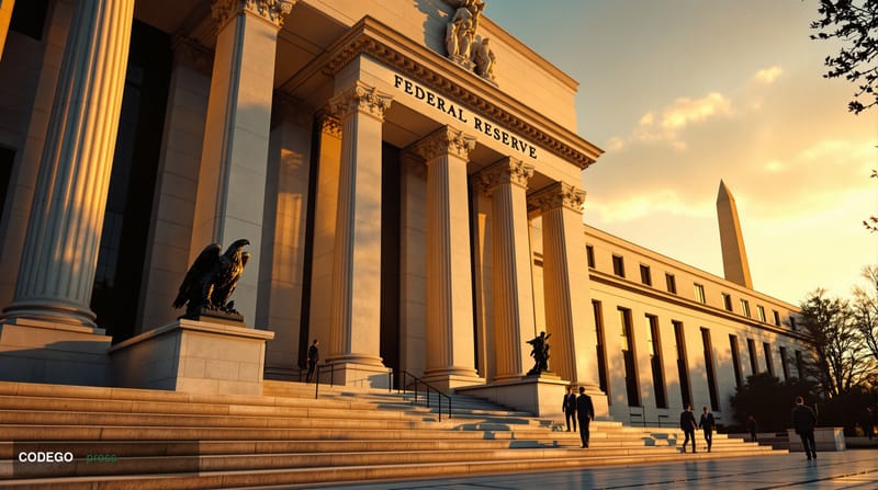 A dramatic photorealistic editorial photograph of the Federal Reserve building in Washington D.C., captured from a low angle 
