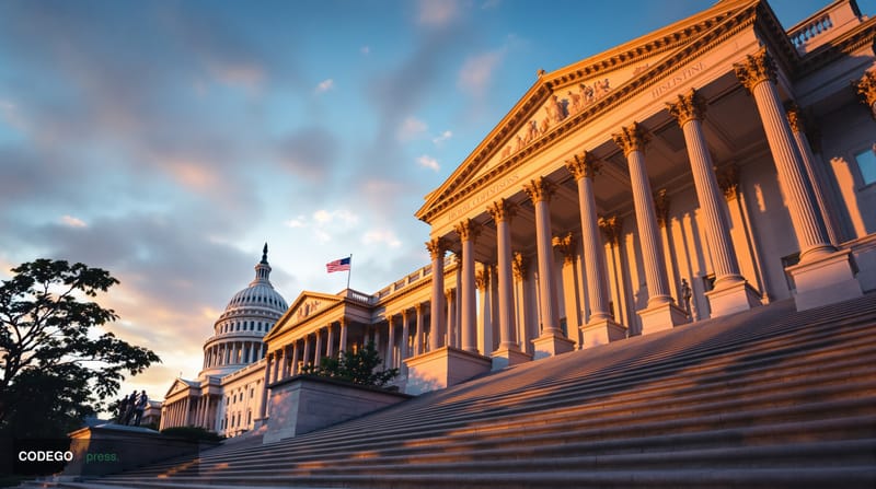 A cinematic editorial photograph capturing the imposing neoclassical facade of the US Capitol building's House of Representat