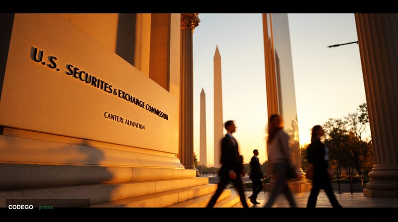 A dramatic editorial photograph showing the imposing facade of the Securities and Exchange Commission headquarters in Washing