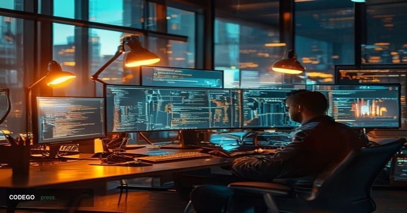 A cinematic editorial photograph showing a modern cybersecurity expert's workstation in a dimly lit tech office, with multipl