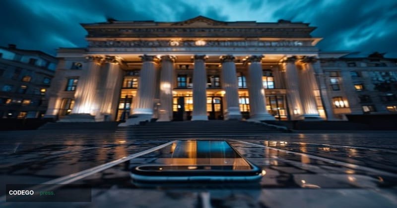 A cinematic editorial photograph of the imposing Belgian Federal Prosecutor's Office building in Brussels, shot from a low an