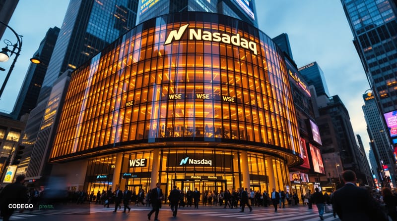 A dramatic wide-angle photograph of the iconic Nasdaq MarketSite building in Times Square, New York, captured during the gold