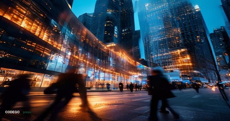 A cinematic editorial photograph capturing the convergence of financial markets, featuring the iconic NASDAQ MarketSite build