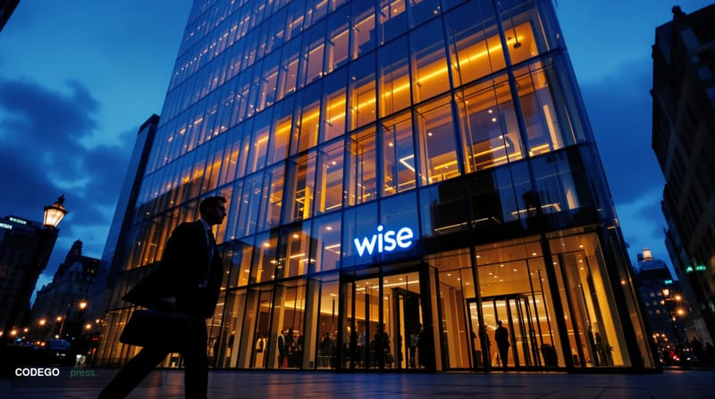 A cinematic editorial photograph of Wise's London headquarters building exterior at dusk, shot from a low angle to emphasize 