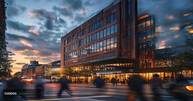 A dramatic exterior shot of Wise's modern London headquarters building on Tea Building Street, photographed during the golden