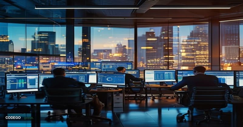 A photorealistic editorial photograph showcasing the intersection of enterprise finance technology and AI automation. The sce