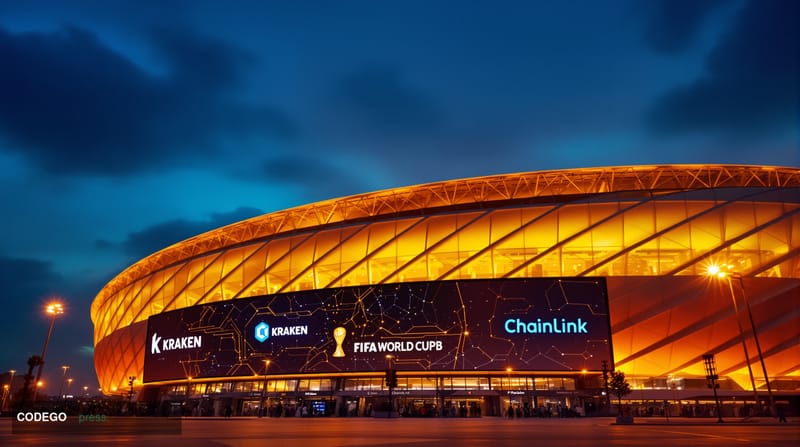 A cinematic editorial photograph capturing the intersection of global sports and cryptocurrency innovation at the 2026 FIFA W