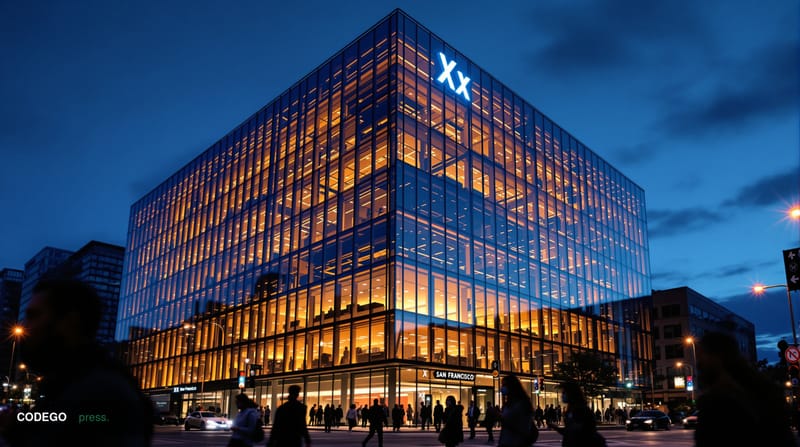 A cinematic editorial photograph of X's San Francisco headquarters building at dusk, shot from a low angle to emphasize the i