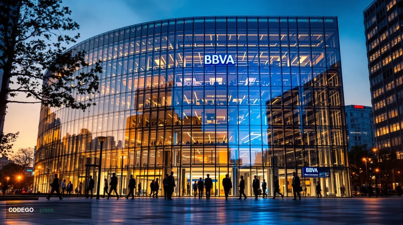 A cinematic editorial photograph capturing the BBVA headquarters in Madrid's business district, showcasing the bank's distinc