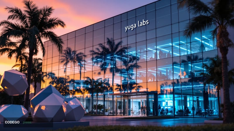 A dramatic editorial photograph showing the modern glass facade of Yuga Labs' headquarters building in Miami's Wynwood distri