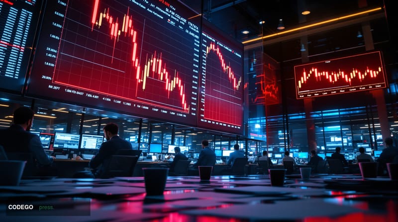 A dramatic photorealistic editorial photograph capturing the severity of a cryptocurrency market crash, showing a large digit