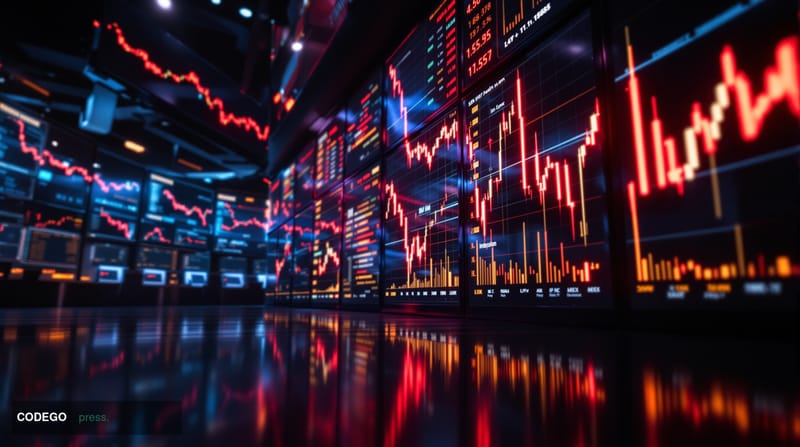 A dramatic photorealistic editorial photograph showing a digital trading screen displaying Zcash price charts with sharp red 