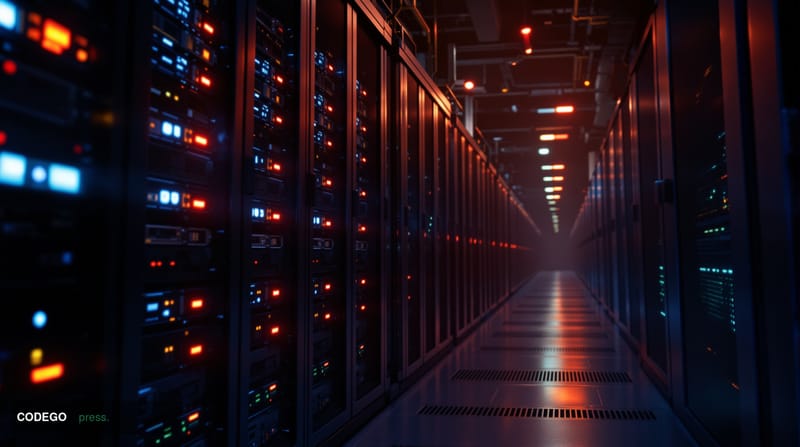A dramatic editorial photograph showing a darkened data center or server room with rows of mining equipment and blockchain in