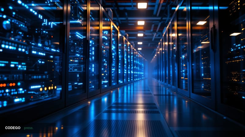A dramatic close-up editorial photograph of a high-tech cryptocurrency mining facility or blockchain data center, with rows o
