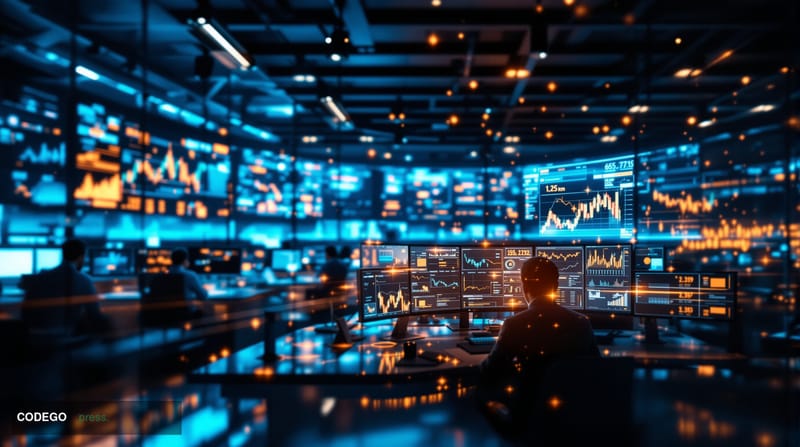 A cinematic editorial photograph showing the Zcash company headquarters or a recognizable cryptocurrency exchange trading flo