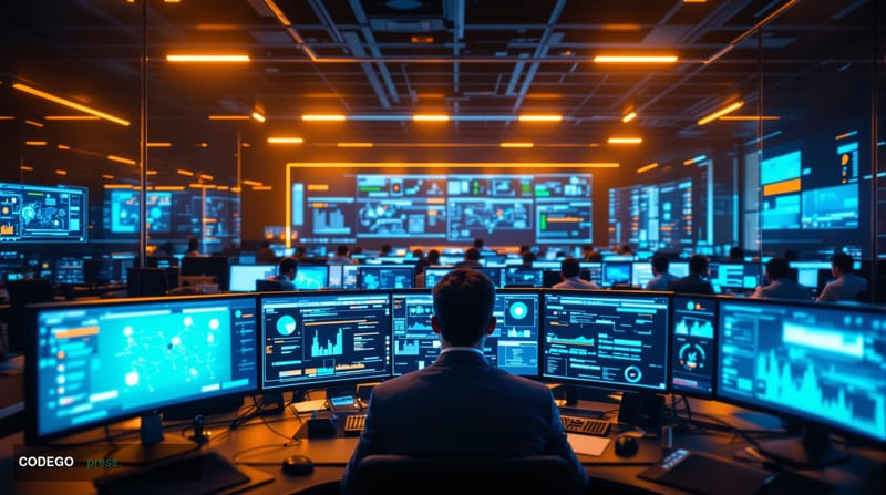A cinematic editorial photograph showcasing a modern corporate cybersecurity operations center with multiple analysts monitor