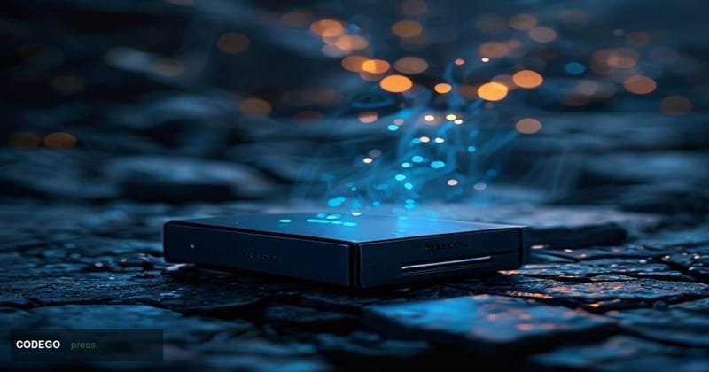 A cinematic editorial photograph depicting a sleek, dark cryptocurrency hardware wallet resting on a cracked stone surface, w