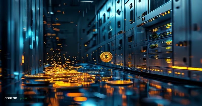 A cinematic editorial photograph depicting a cracked and fractured digital vault door rendered in dark metallic steel, partia