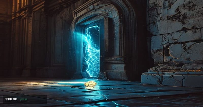 A cinematic editorial photograph showing a crumbling neoclassical vault door, half-open, with cold blue digital light spillin