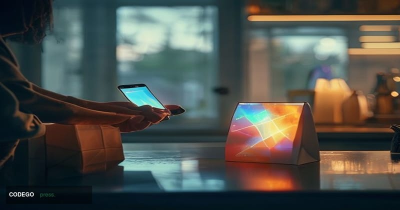 A photorealistic cinematic editorial photograph of a modern American consumer standing at a sleek kitchen counter, holding a 