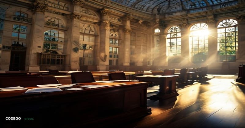 # Image Prompt:

A high-angle wide shot of the ornate Senate chamber in the United States Capitol building, captured during g