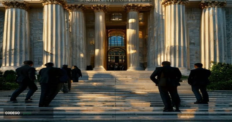A dramatic wide-angle shot of the exterior of a monumental neoclassical American banking institution in Washington D.C., its 
