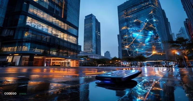 A cinematic editorial photograph set in a modern Vietnamese financial district at dusk, with recognizable Hanoi or Ho Chi Min